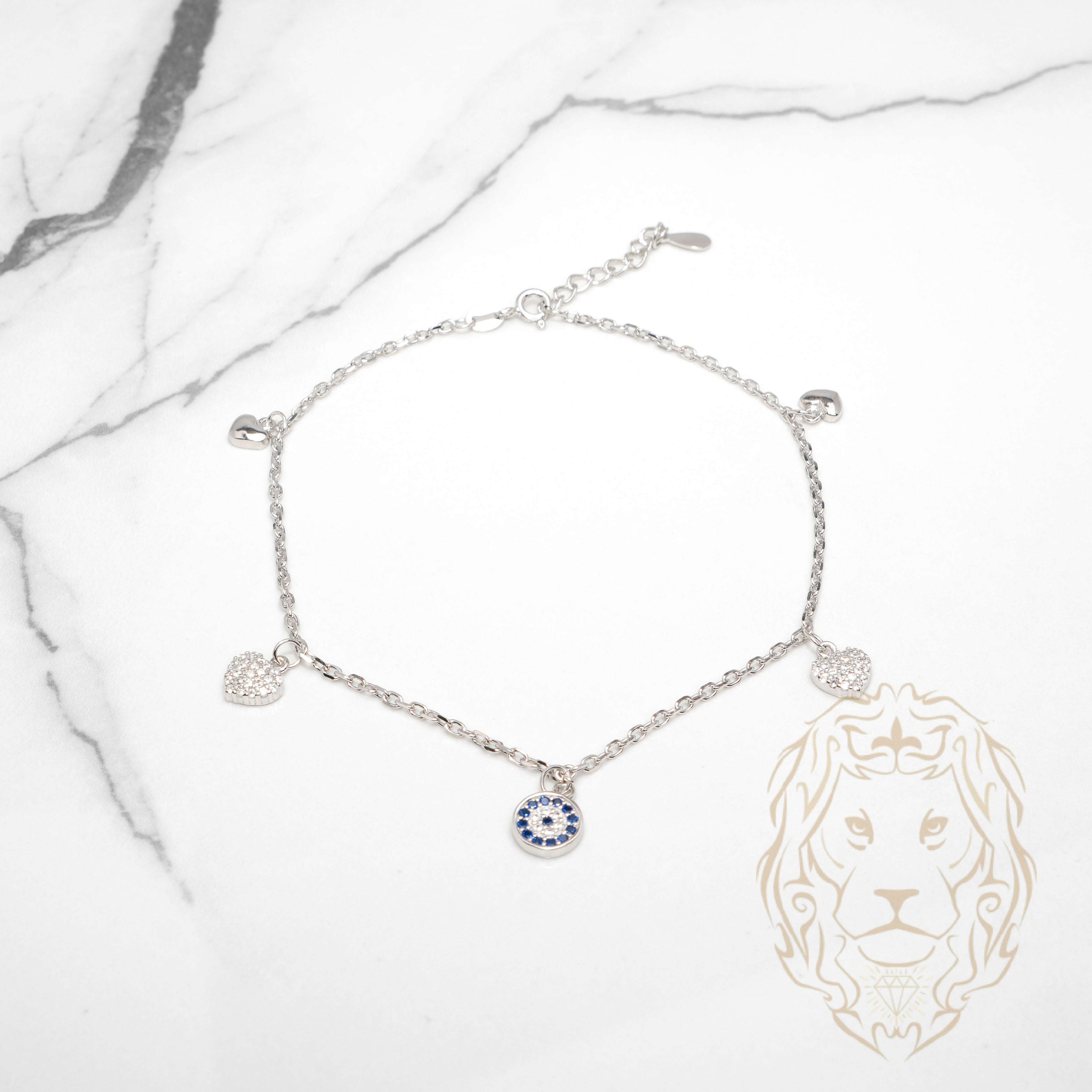 Bracelet de cheville - Argent coeurs & mauvais oeil pavé de cz - ANS015