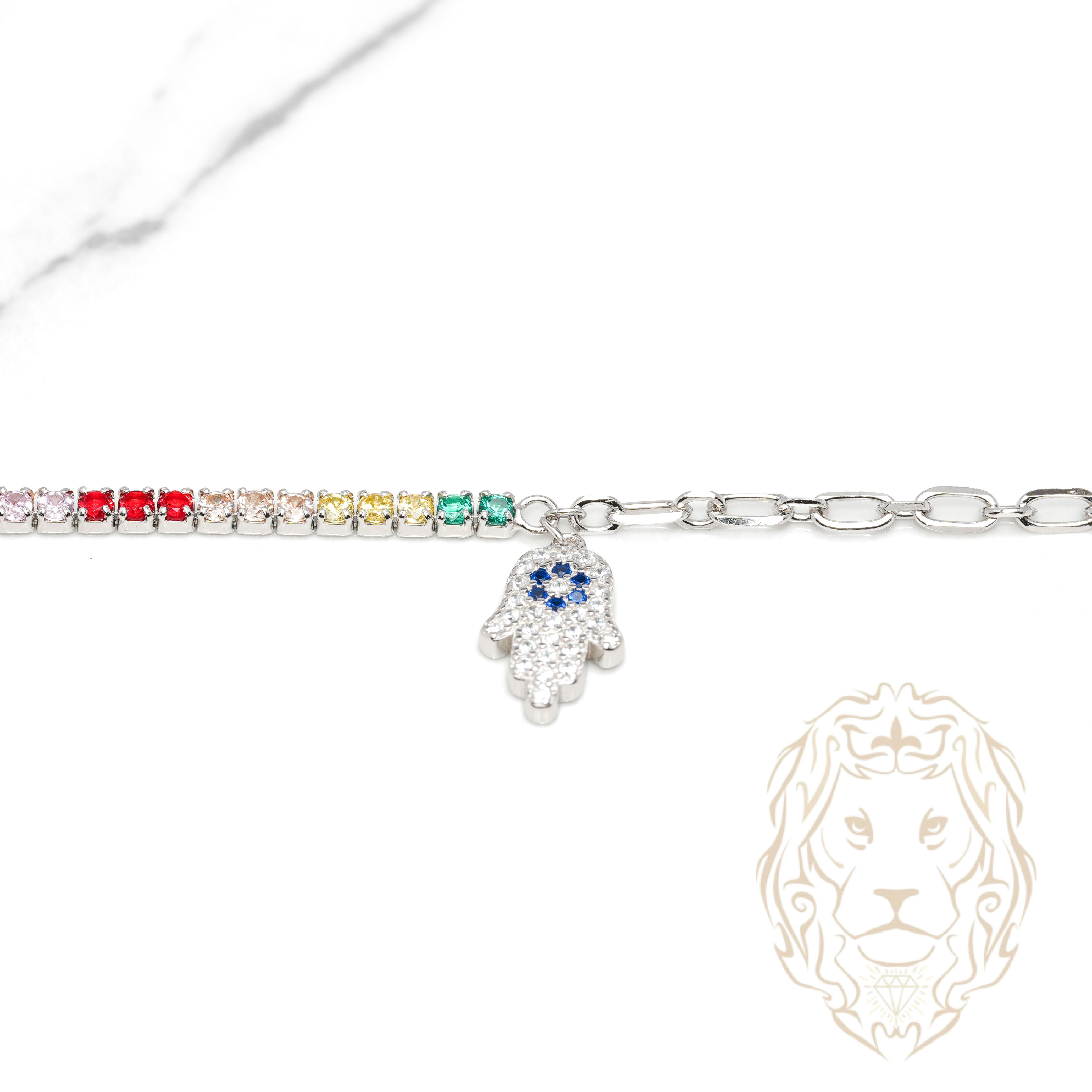 Bracelet - Argent moitié tennis multicolore moitié paperclip avec main de Fatima pavé de cz - BRS580