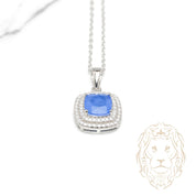 Collier - Argent pendentif double halo pierre cz bleue coupe cousin - CHS654