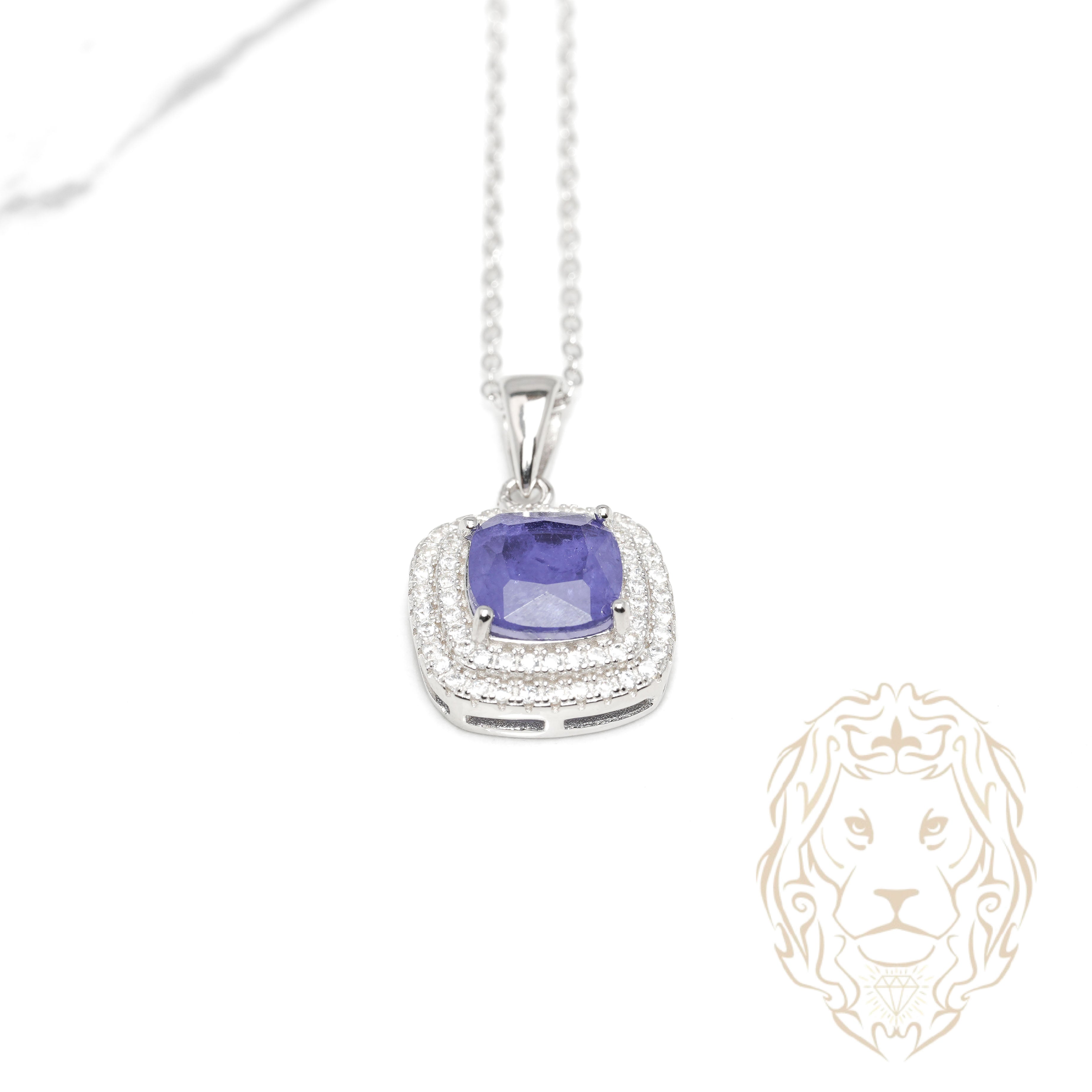 Collier - Argent pendentif double halo pierre cz mauve coupe cousin - CHS655