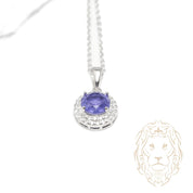 Collier - Argent pendentif double halo pierre cz mauve coupe ronde - CHS656