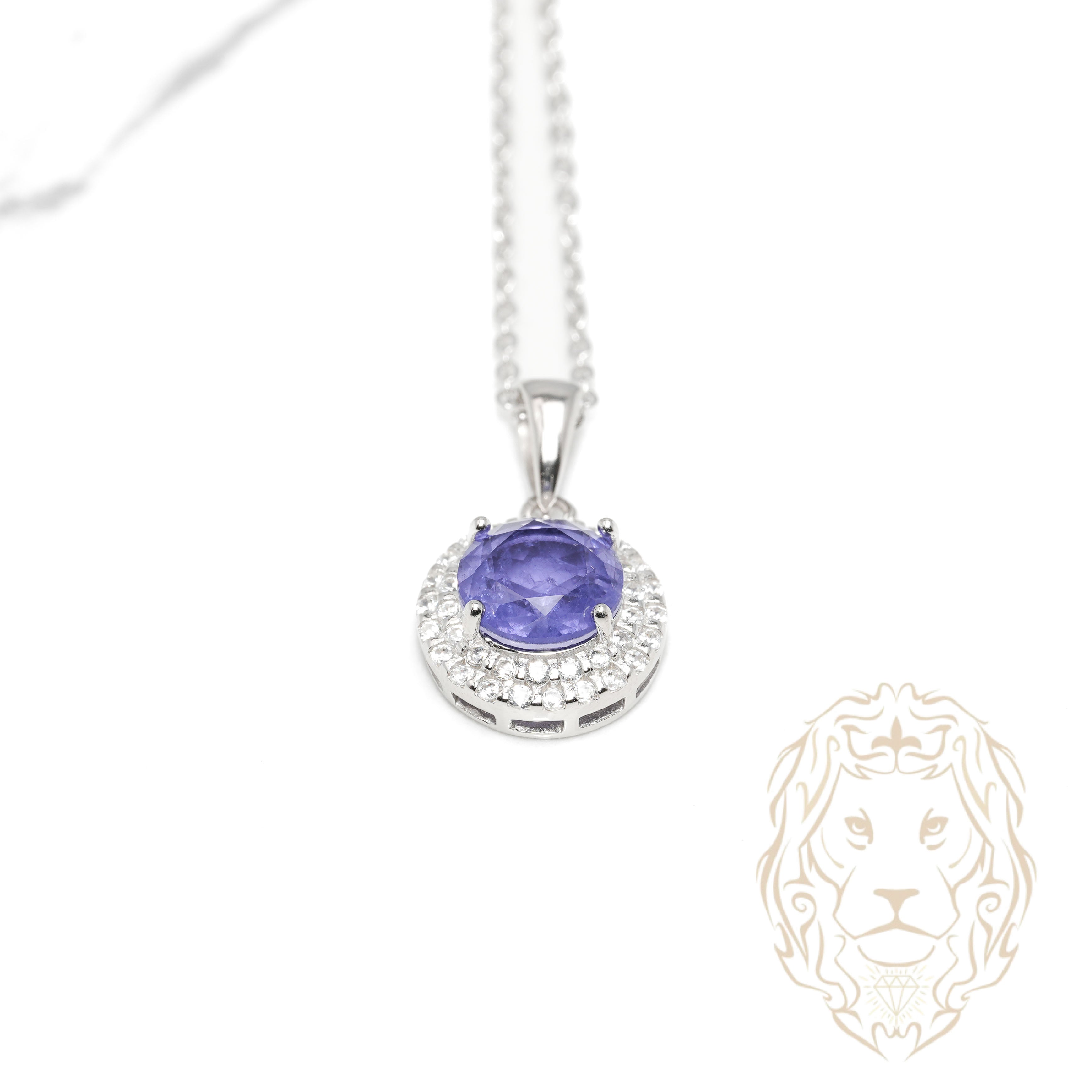 Collier - Argent pendentif double halo pierre cz mauve coupe ronde - CHS656