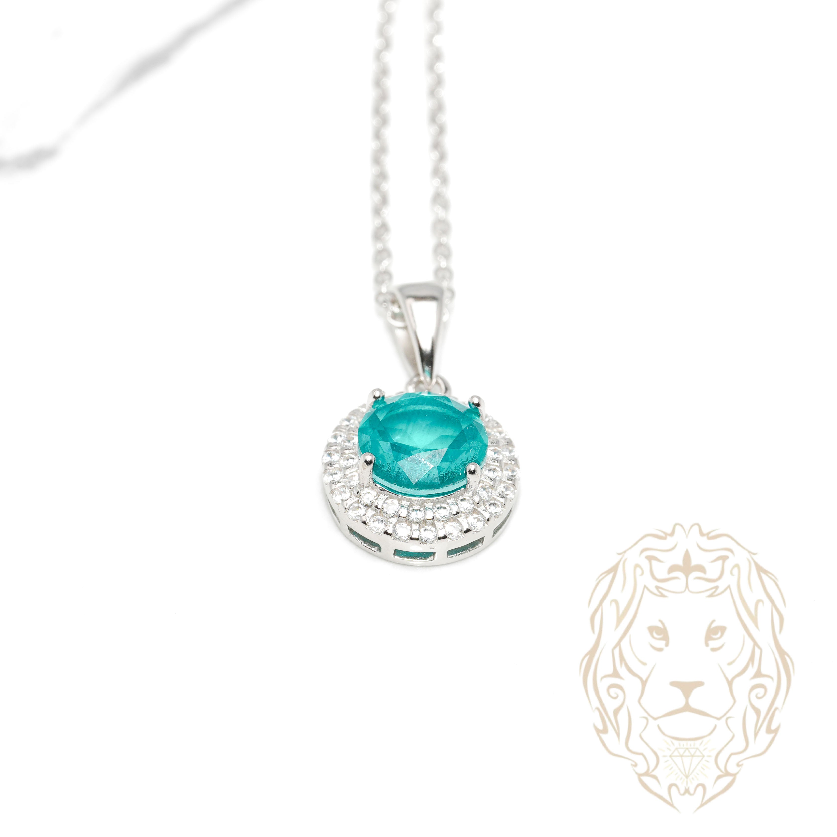 Collier - Argent pendentif double halo pierre cz verte coupe ronde - CHS657