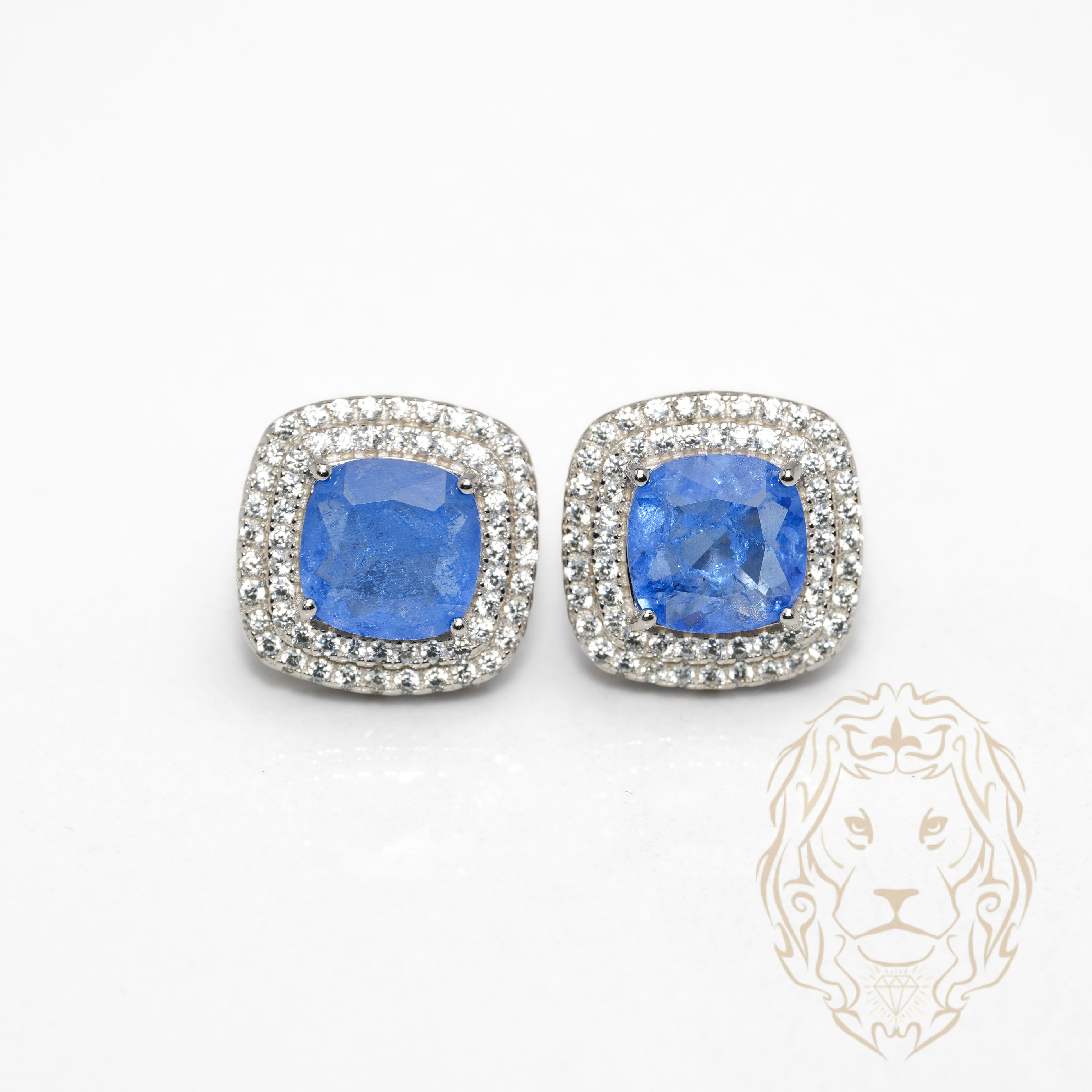 Studs - Argent double halo pierre cz bleue coupe cousin - BOS379