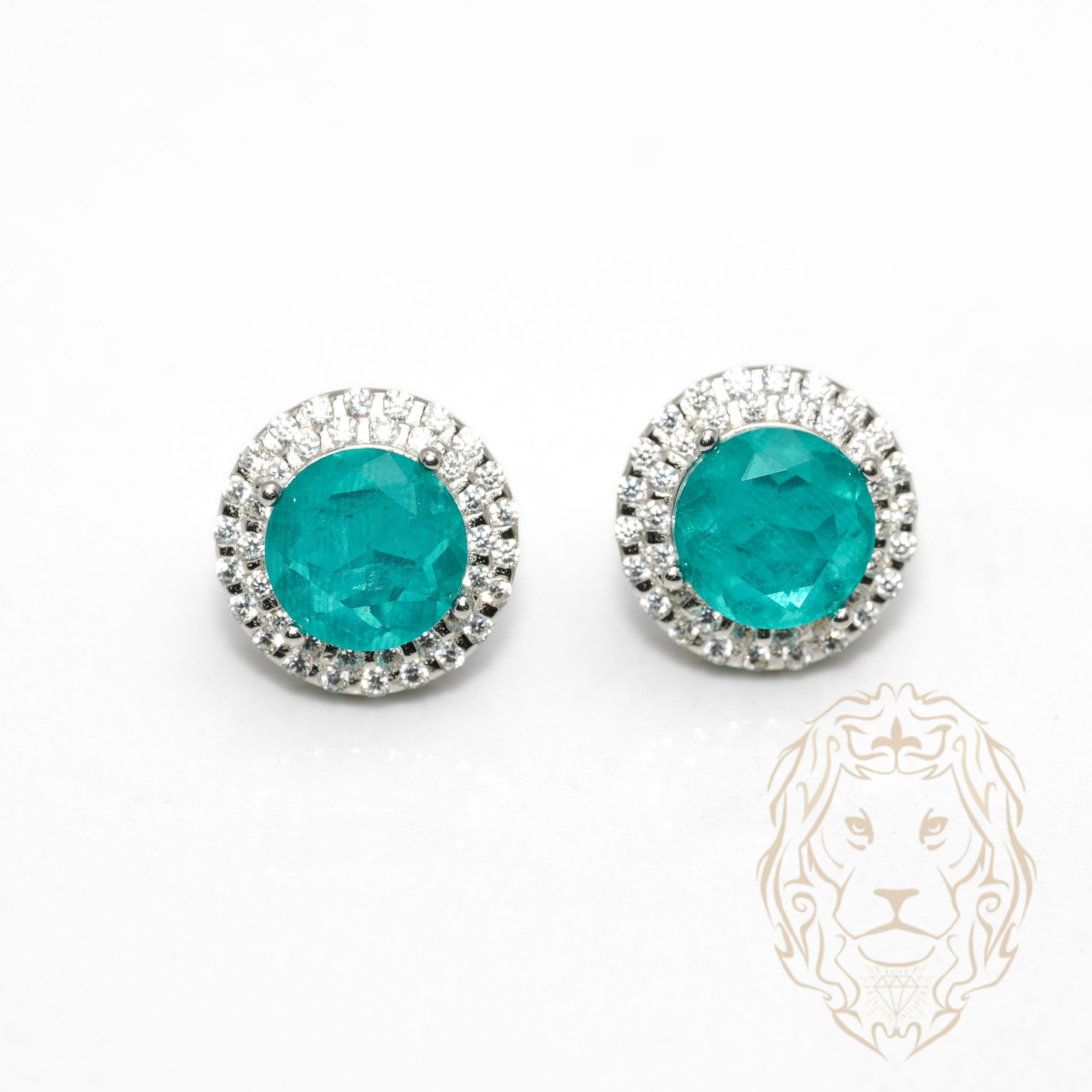 Studs - Argent double halo pierre cz verte coupe ronde - BOS382