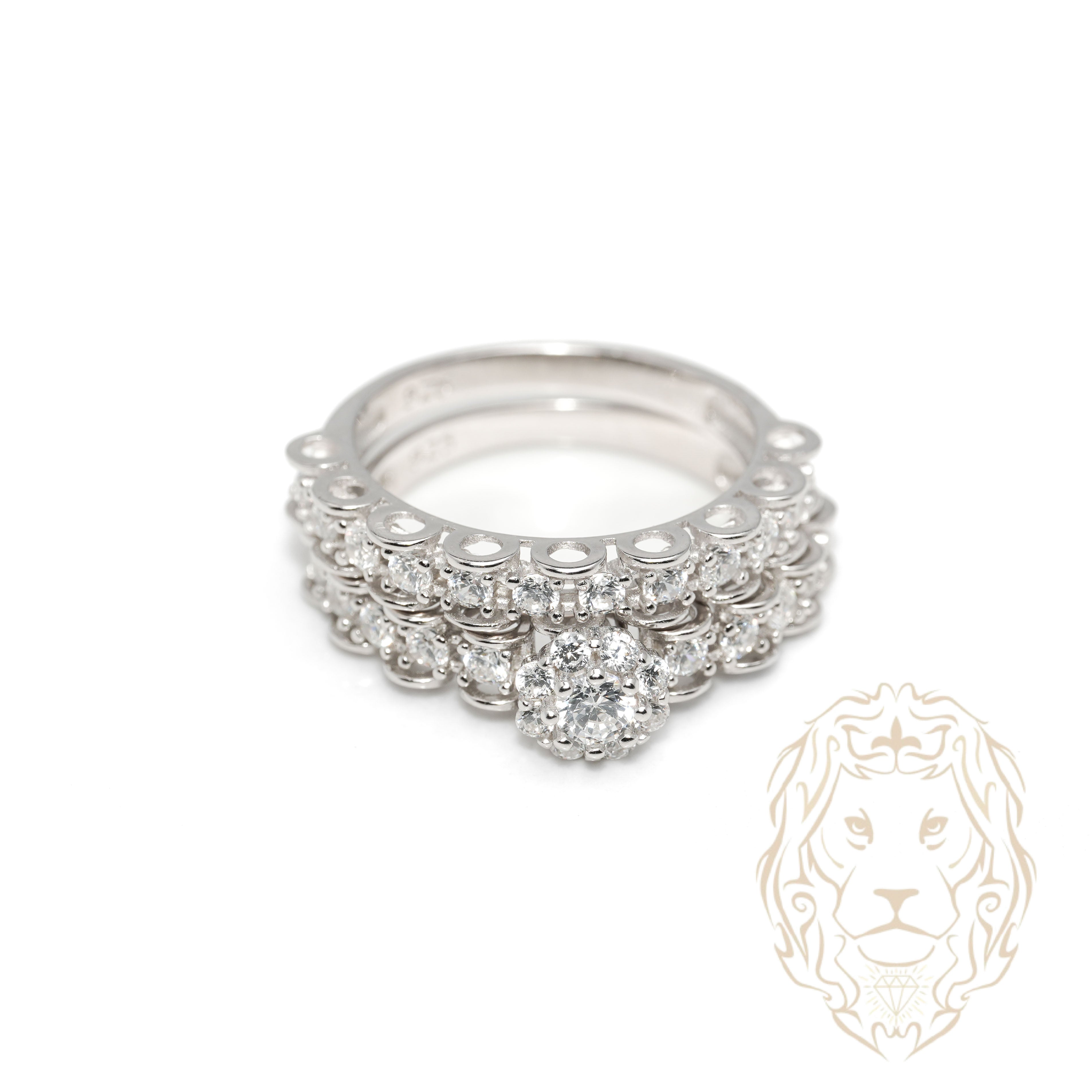 Bague de fiançailles - Argent ensembles (2) pierres cz ronde serties en fleur & alliance semi-éternité cz - RIS1368