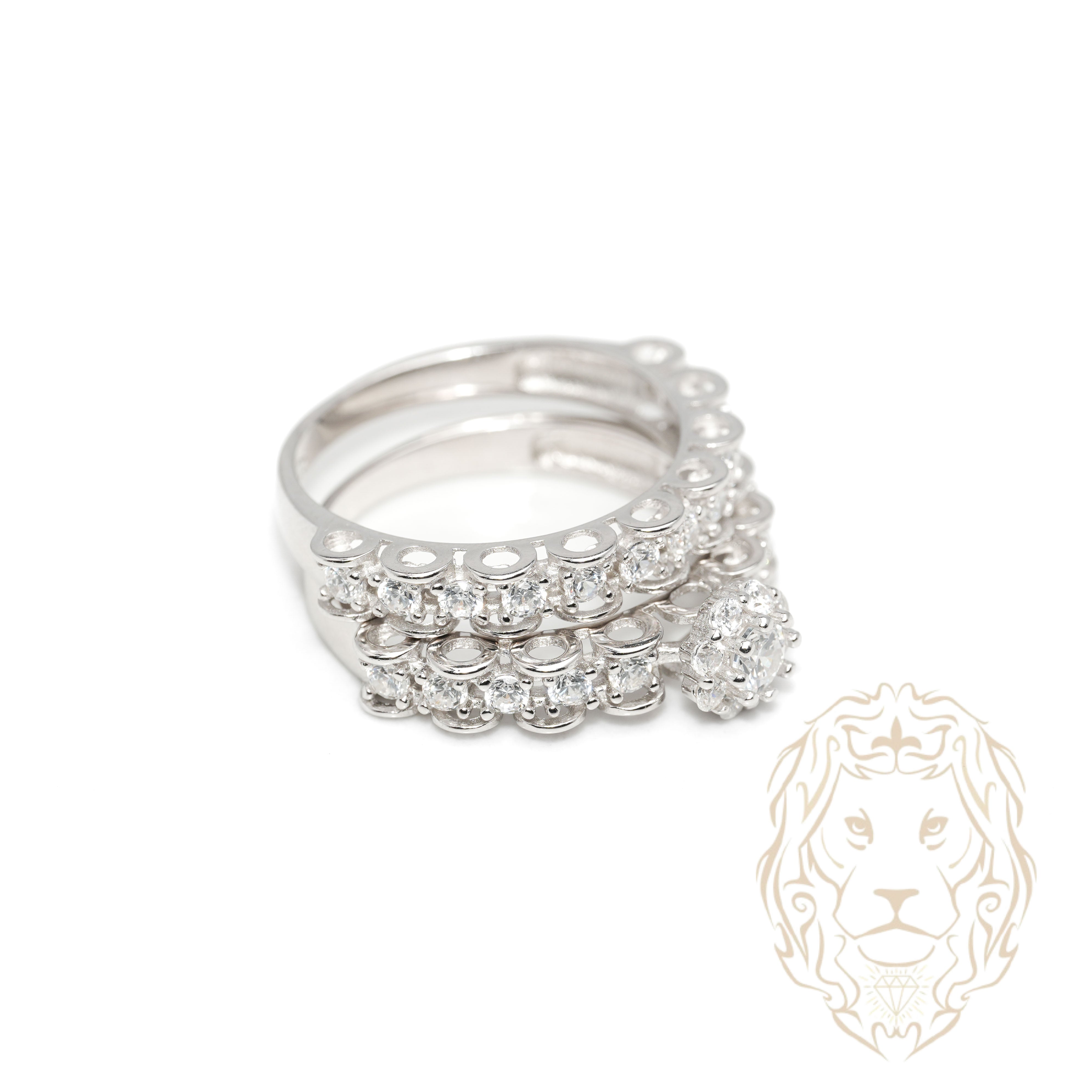 Bague de fiançailles - Argent ensembles (2) pierres cz ronde serties en fleur & alliance semi-éternité cz - RIS1368