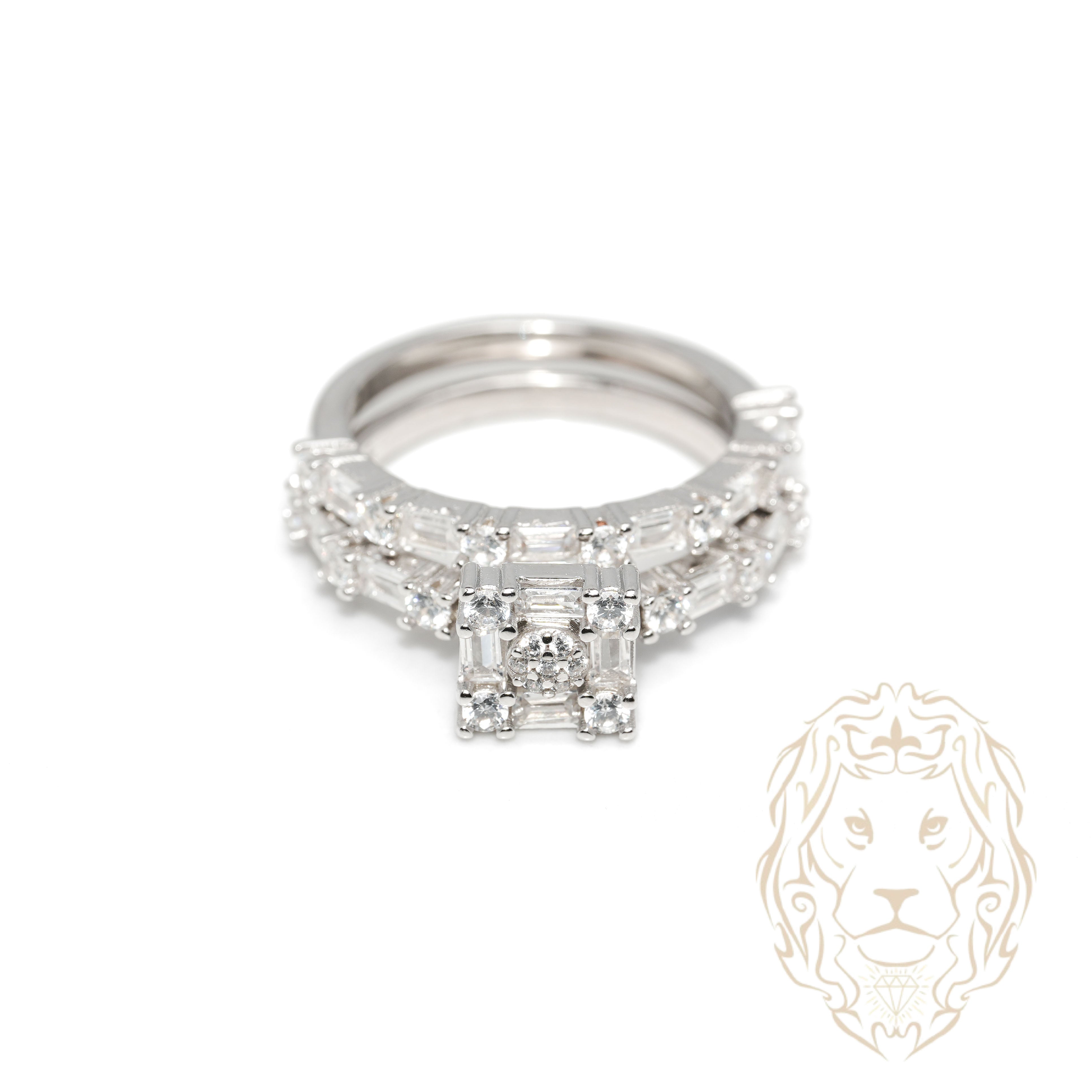 Bague de fiançailles - Argent ensembles (2) grappe de pierres cz ronde & baguette & alliance semi-éternité cz - RIS1369