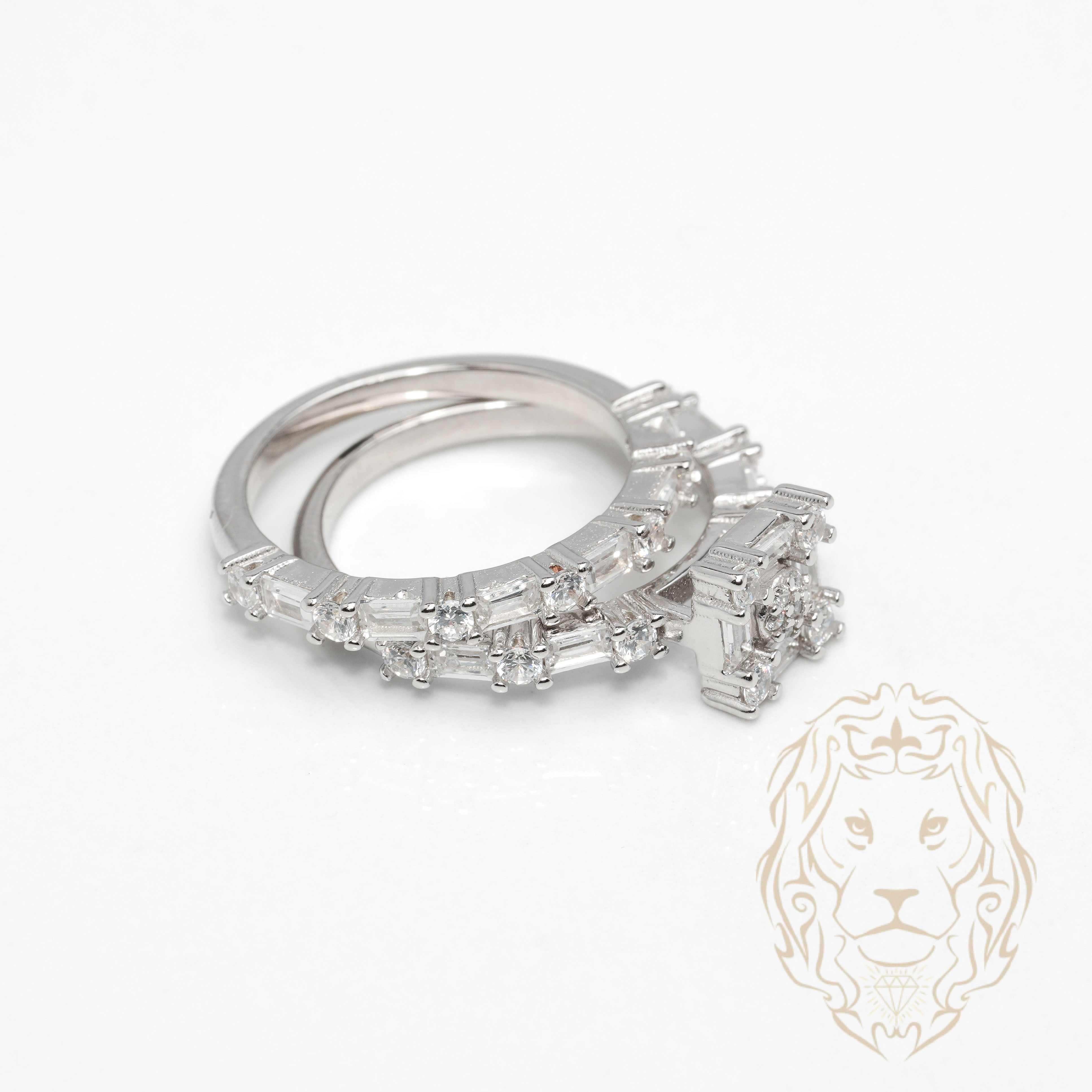 Bague de fiançailles - Argent ensembles (2) grappe de pierres cz ronde & baguette & alliance semi-éternité cz - RIS1369