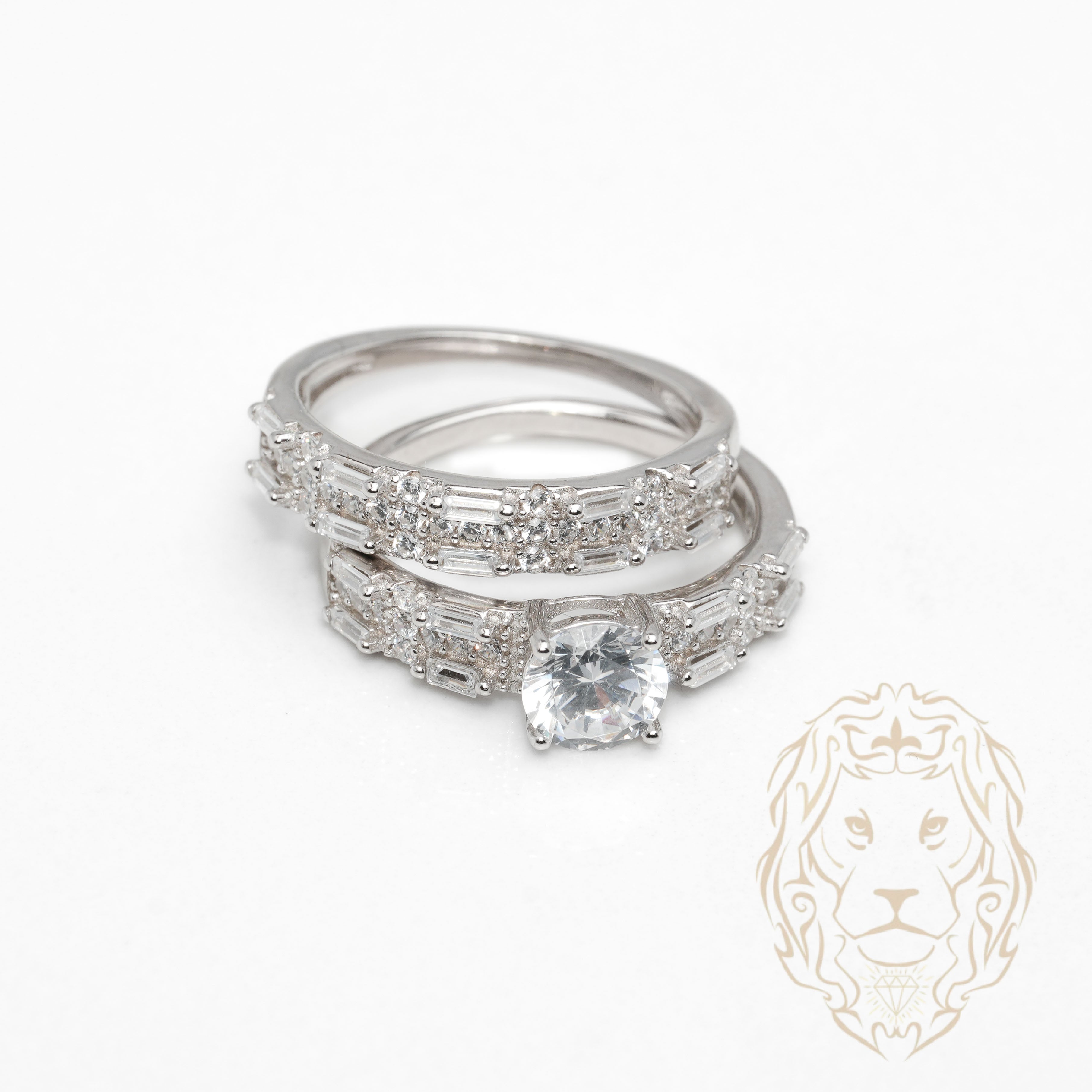 Bague de fiançailles - Argent ensembles (2) pierre cz coupe rond & alliance sertie de baguette cz - RIS1371