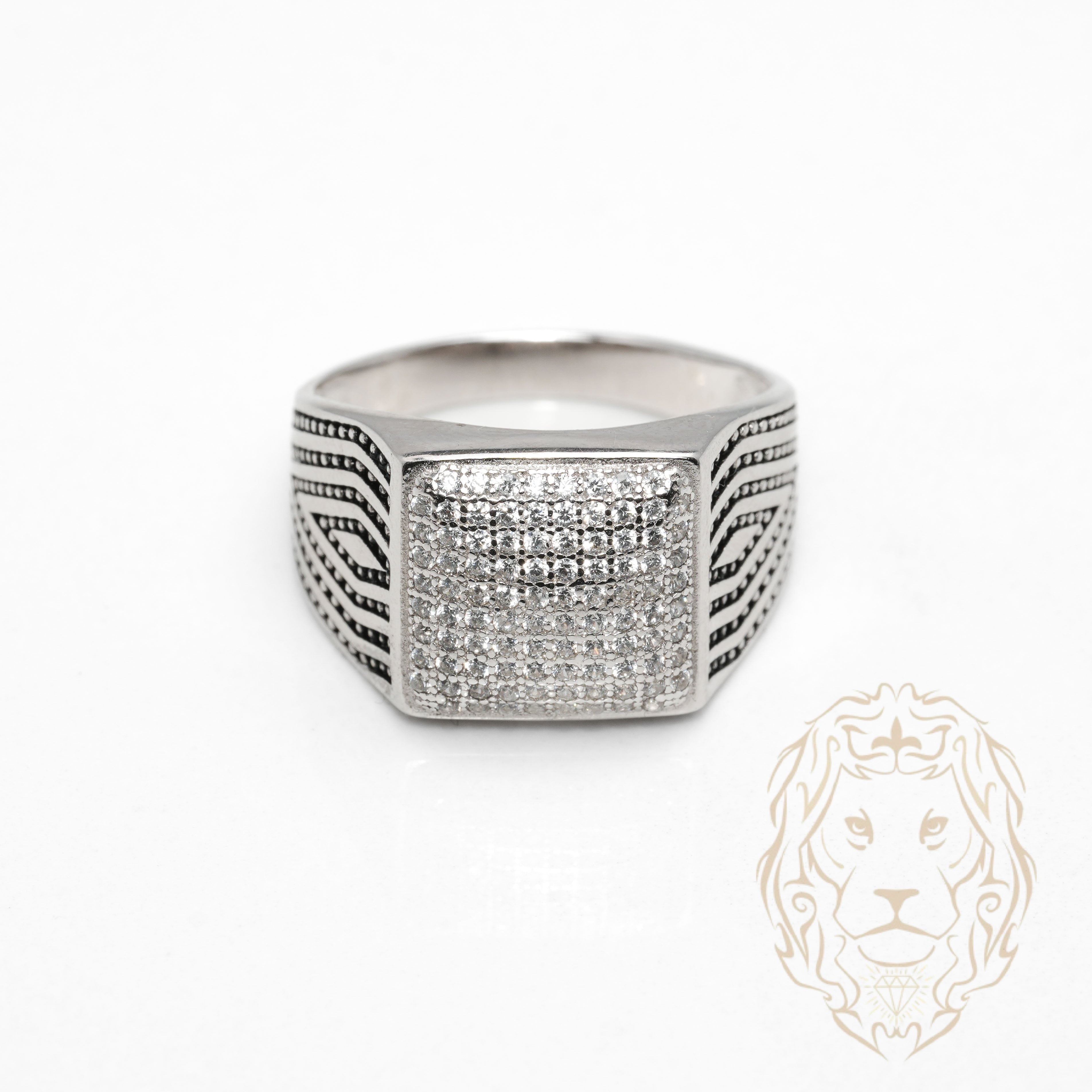 Bague - Argent chevalière carré pavé & motif oxydé - RIS1372