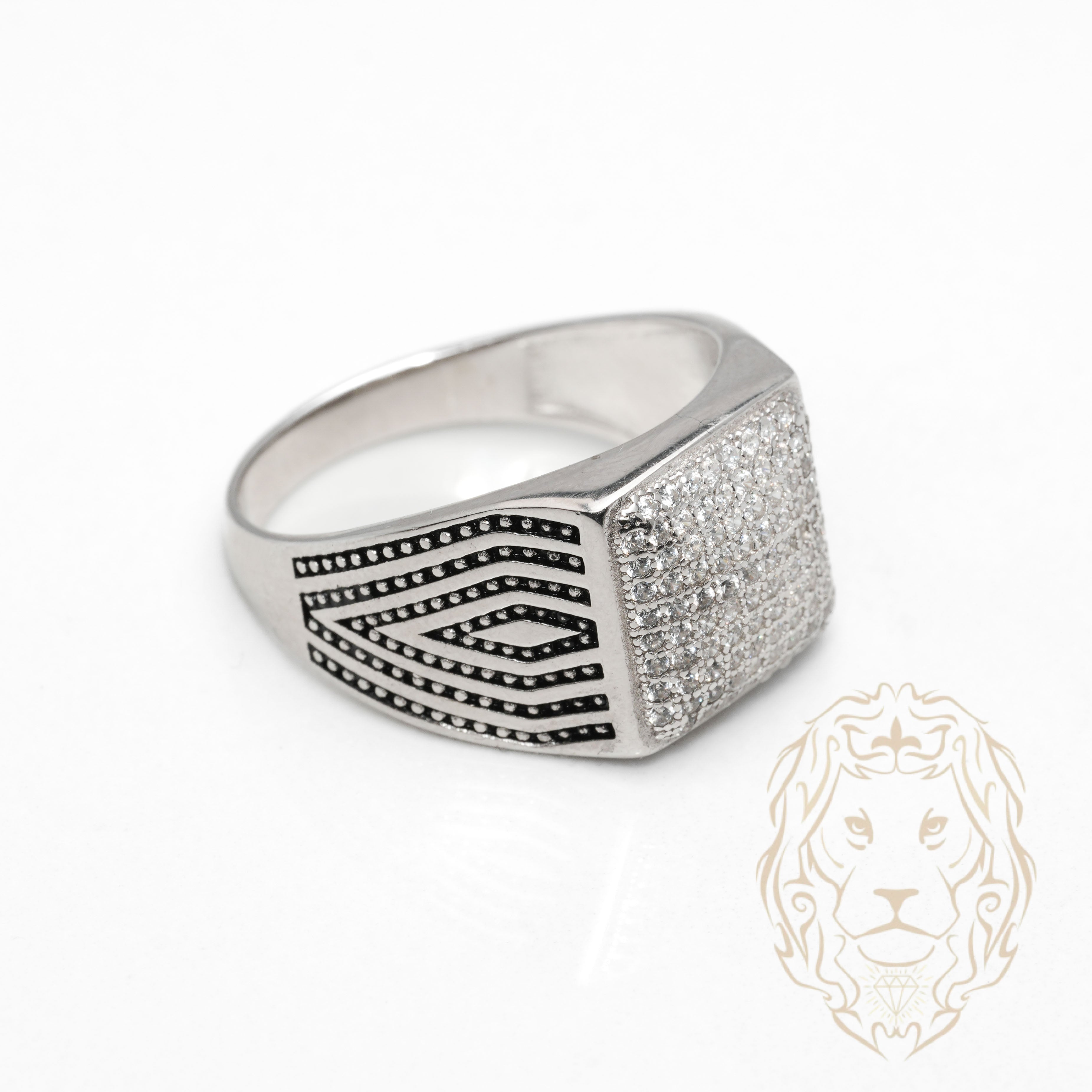Bague - Argent chevalière carré pavé & motif oxydé - RIS1372