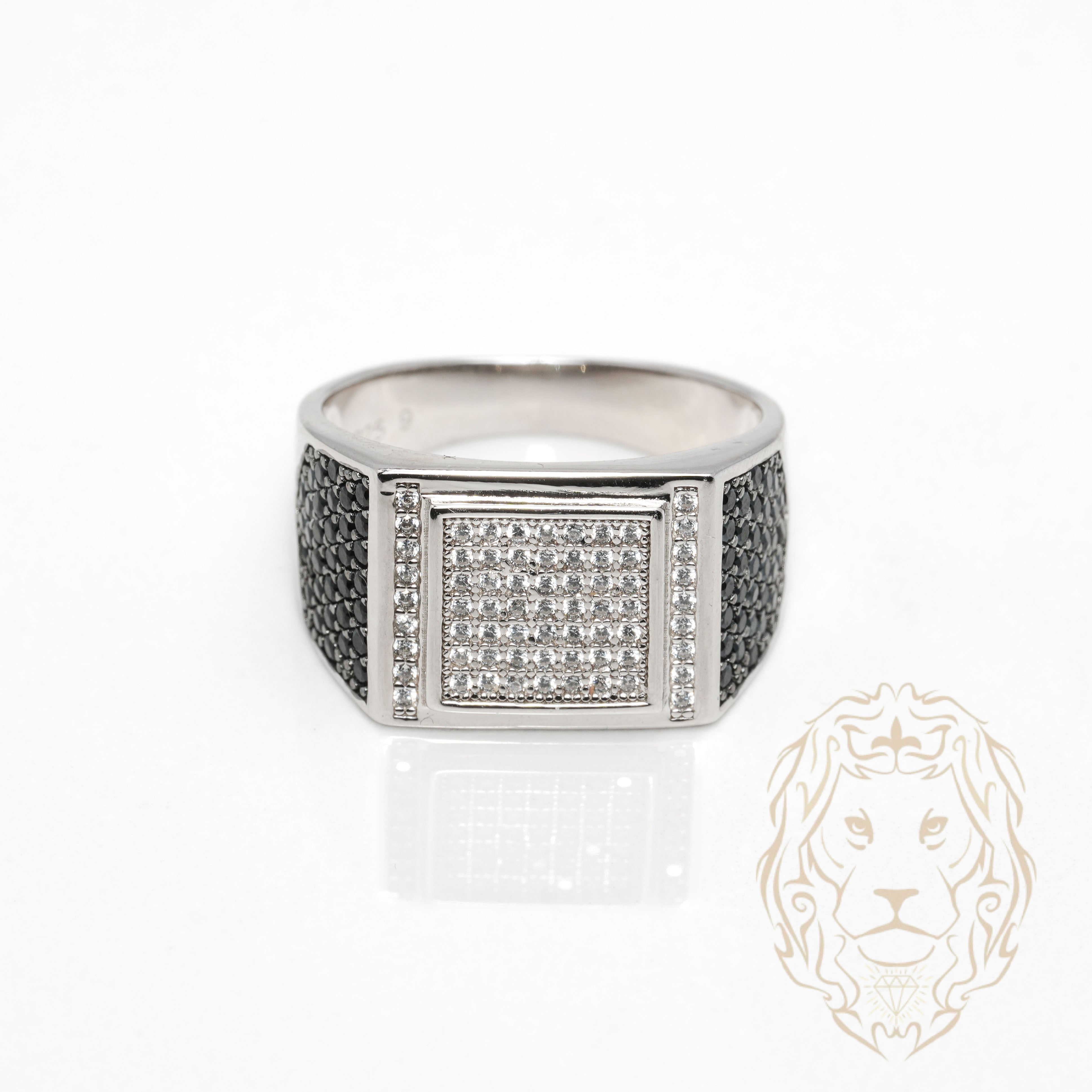 Bague - Argent chevalière carré pavé de cz & pierres noires - RIS1380