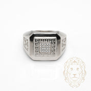 Bague - Argent carré pavé cz avec motif clé grecque & étoiles - RIS1384
