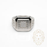 Bague - Argent carré pavé cz avec motif clé grecque & étoiles - RIS1384
