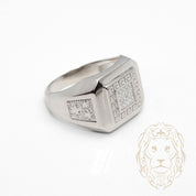 Bague - Argent carré pavé cz avec motif clé grecque & étoiles - RIS1384