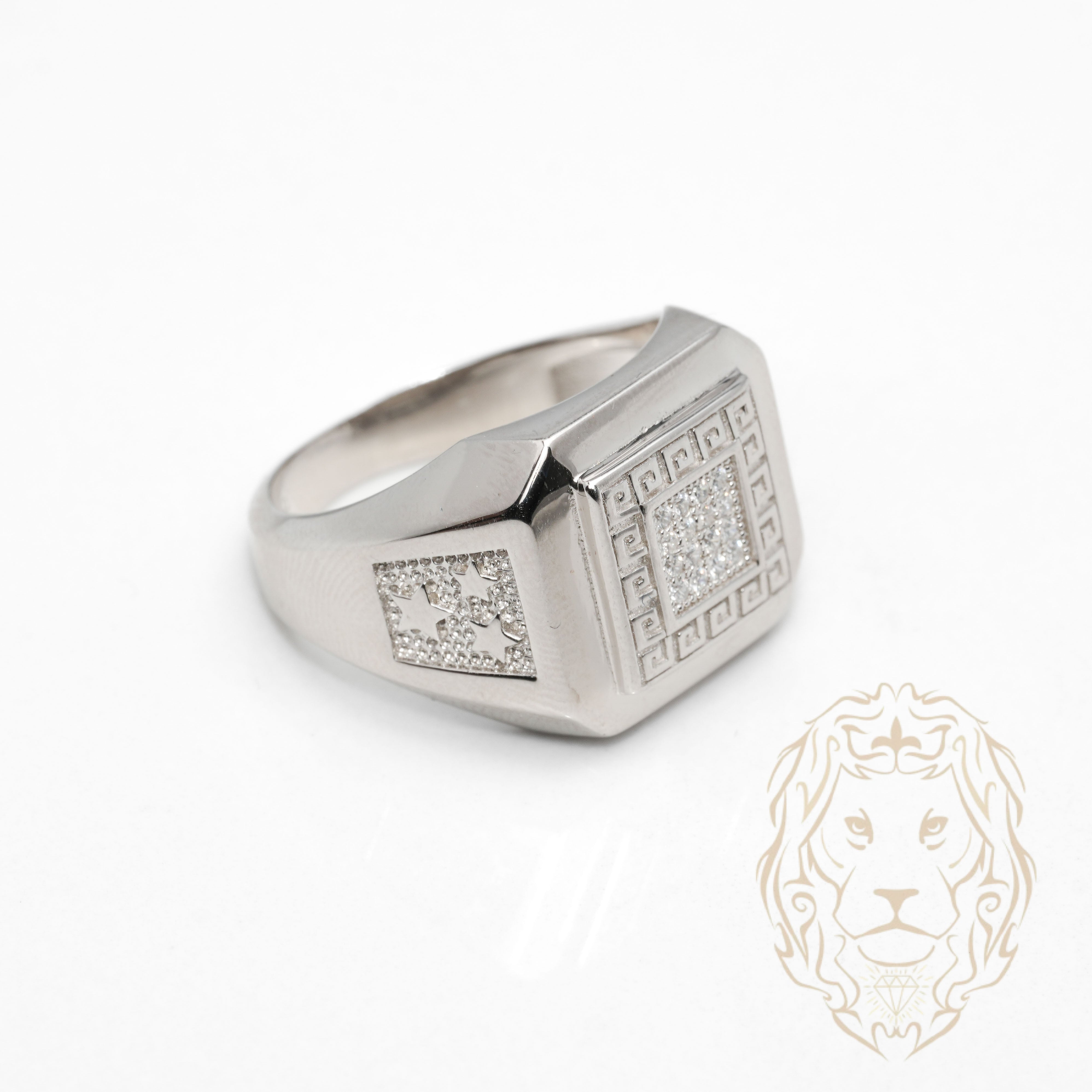 Bague - Argent carré pavé cz avec motif clé grecque & étoiles - RIS1384