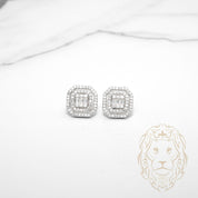 Studs - Argent double halo pierres AAA coupe ronde & baguettes - BOS390