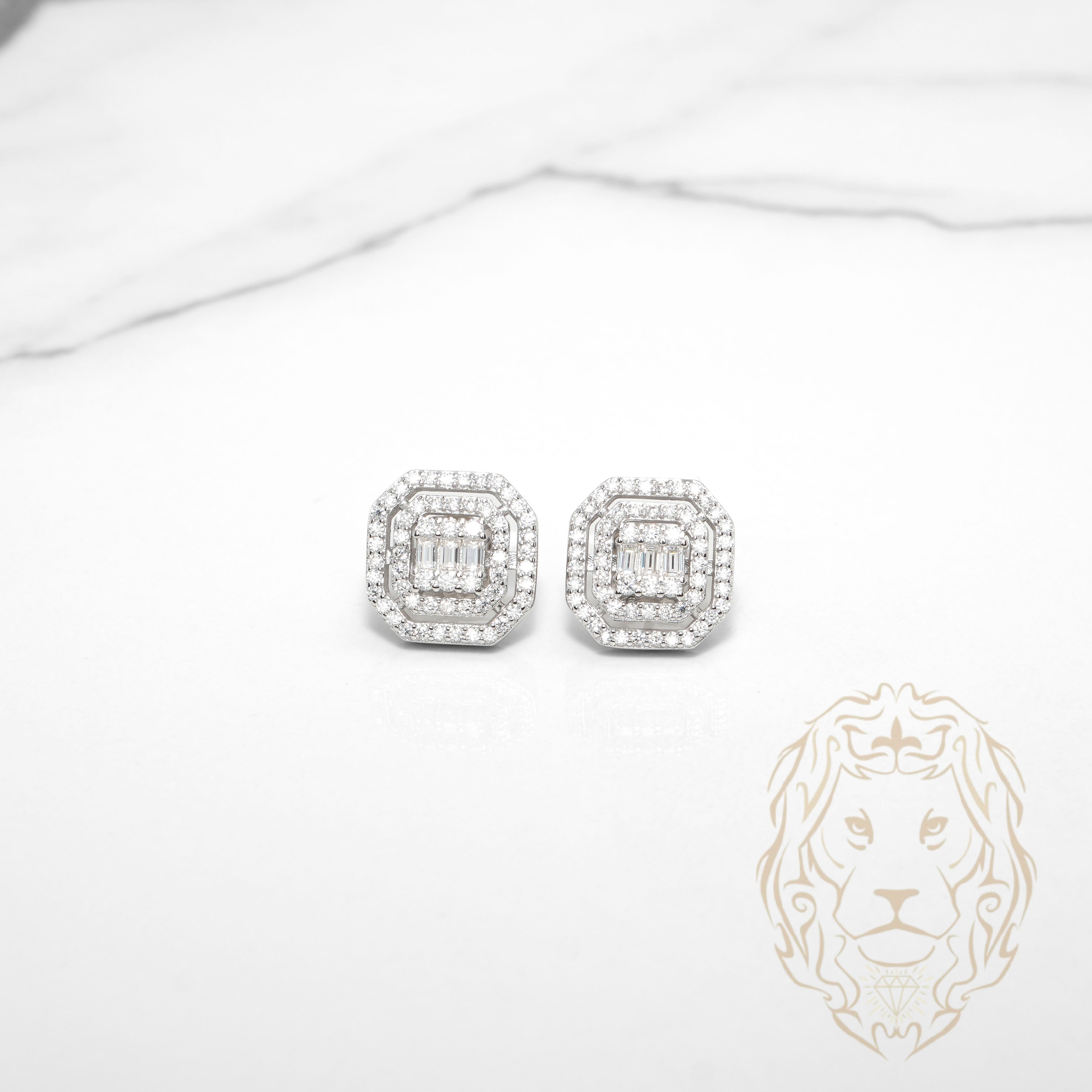 Studs - Argent double halo pierres AAA coupe ronde & baguettes - BOS390