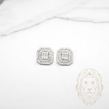 Studs - Argent double halo pierres AAA coupe ronde & baguettes - BOS390