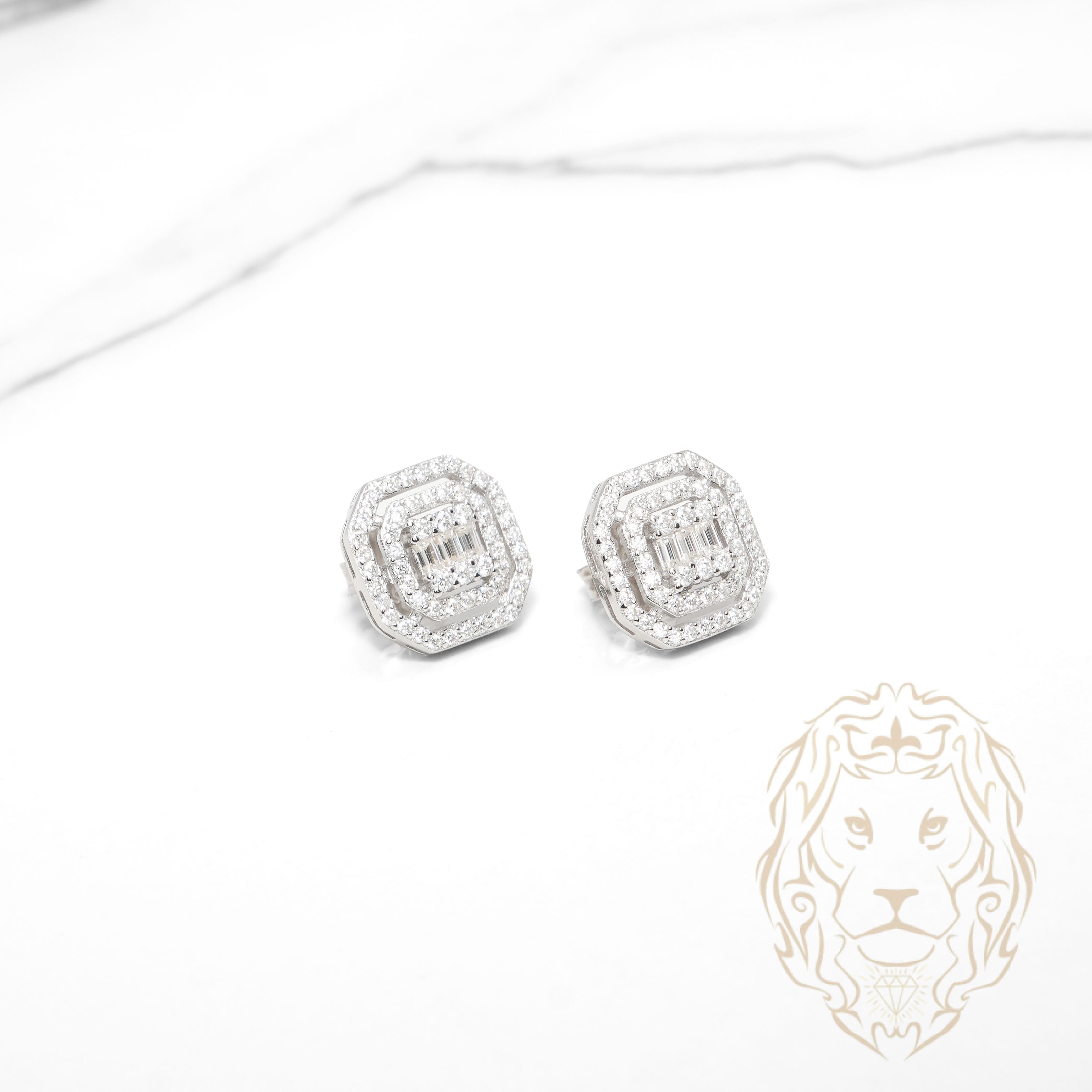 Studs - Argent double halo pierres AAA coupe ronde & baguettes - BOS390