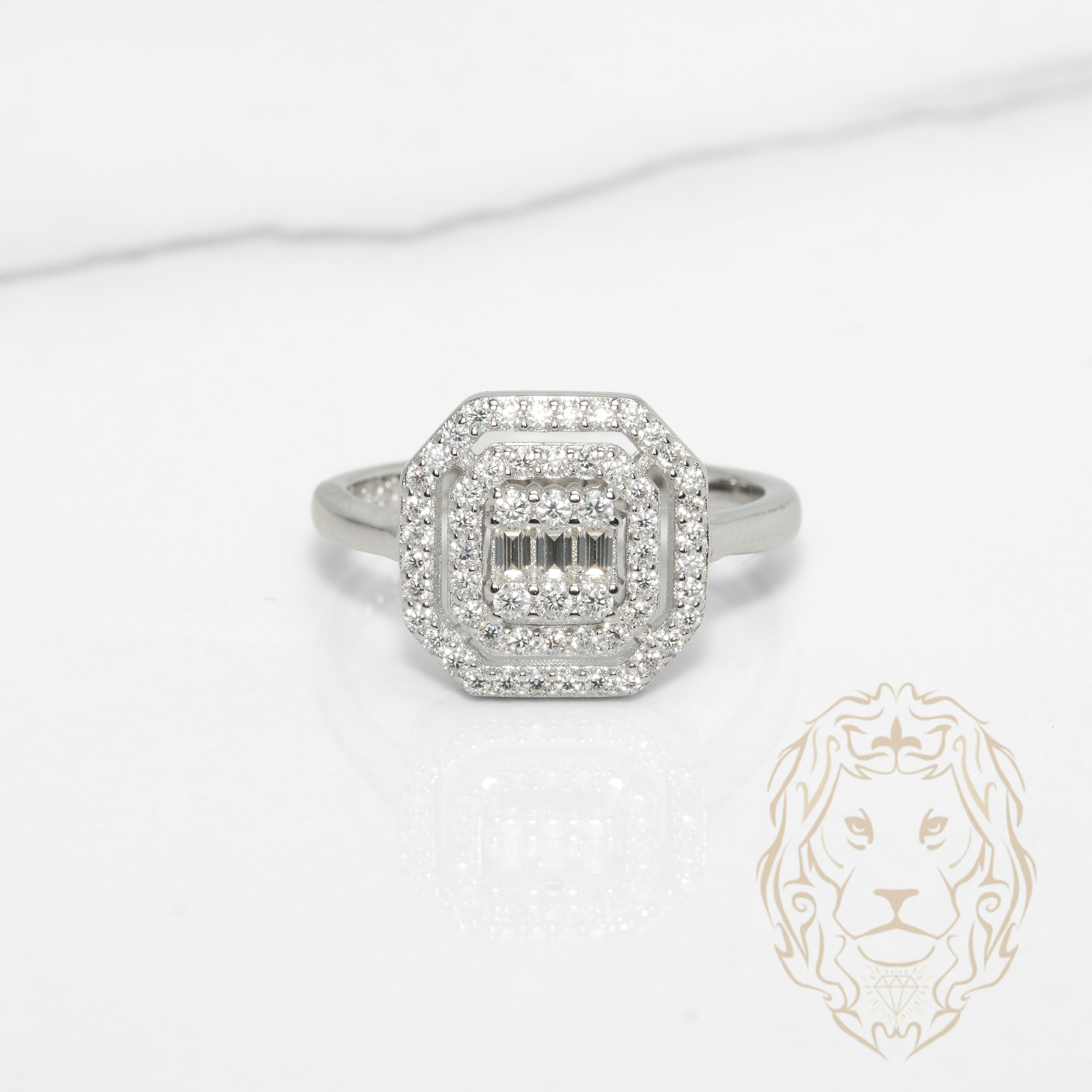 Bague - Argent double halo pierres AAA coupe ronde & baguettes - RIS1420