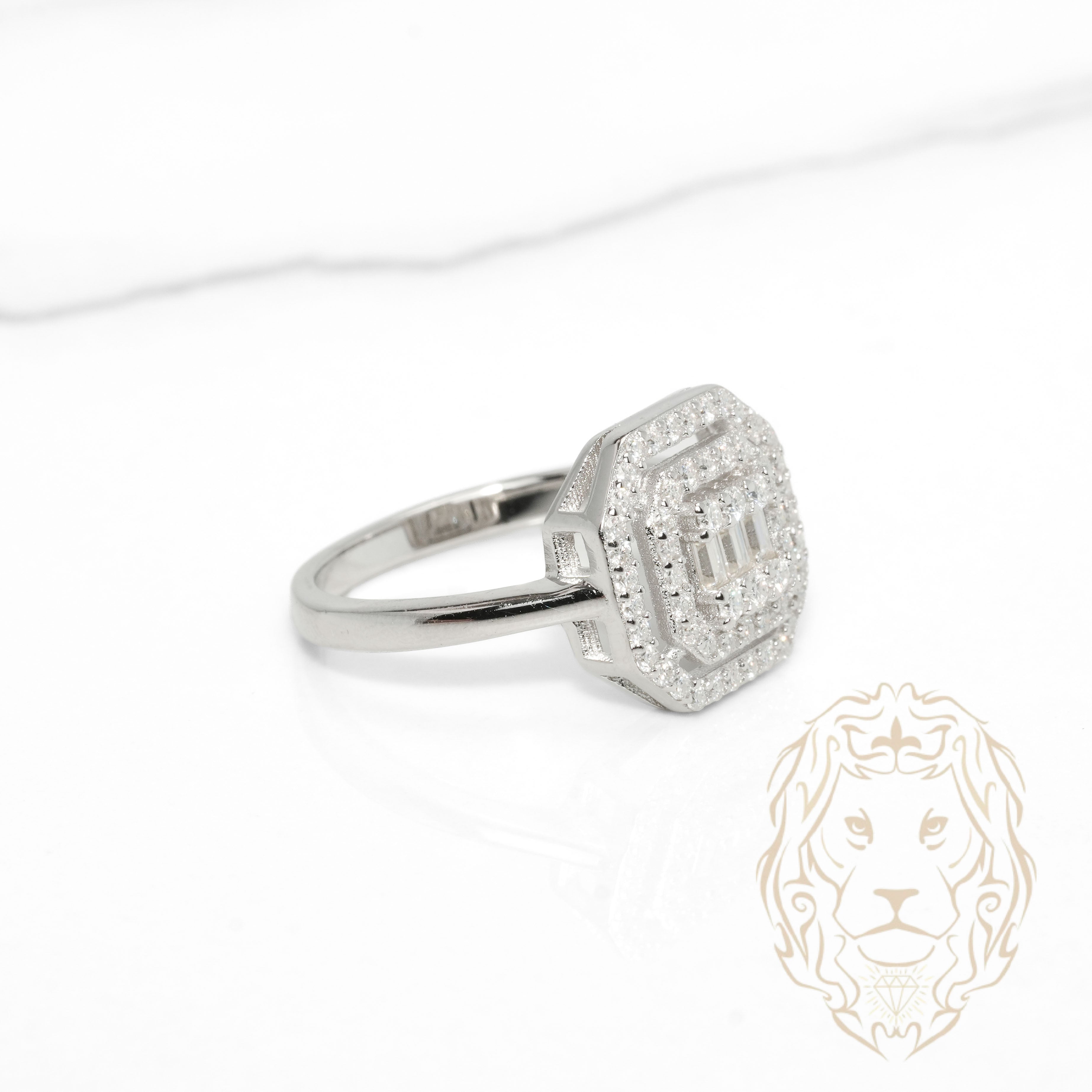 Bague - Argent double halo pierres AAA coupe ronde & baguettes - RIS1420