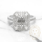 Bague cocktail - Or 10K blanc double halo octogonal pavé cz rond & baguette - RIG518