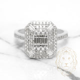 Bague cocktail - Or 10K blanc double halo octogonal pavé cz rond & baguette - RIG518