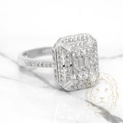 Bague cocktail - Or 10K blanc double halo octogonal pavé cz rond & baguette - RIG518