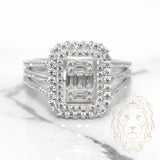 Bague cocktail - Or 10K blanc double halo rectangulaire pavé cz rond & baguette - RIG545