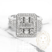 Cocktail Ring - 10K White Gold Rectangular Halo with Baguette Cross & Pavé with Round & Baguette CZ - RIG553
