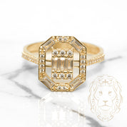 Bague cocktail - Or 10K jaune halo espacé octogonal pavé cz rond & baguette - RIG512