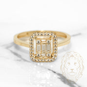 Bague - Or 10K jaune halo rectangulaire espacé pavé cz rond & baguette - RIG523