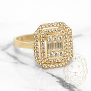 Cocktail ring - 10K Yellow Gold Double Octagonal Halo Pavé with Round & Baguette CZ - RIG524