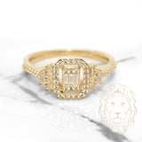 Bague - Or 10K jaune halo rectangulaire espacé avec pierres cz baguette adjacentes pavé - RIG532