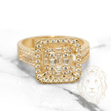 Bague cocktail - Or 10K jaune halo carré espacé pavé cz rond & baguette - RIG552