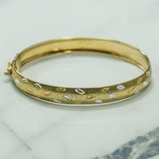 Lady's bangle bracelet - Thin 10K gold duo pattern two-tone yellow & white - BRG130