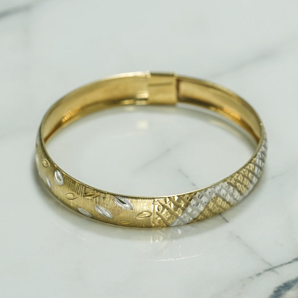 Lady's bangle bracelet - Thin 10K gold duo pattern two-tone yellow & white - BRG130