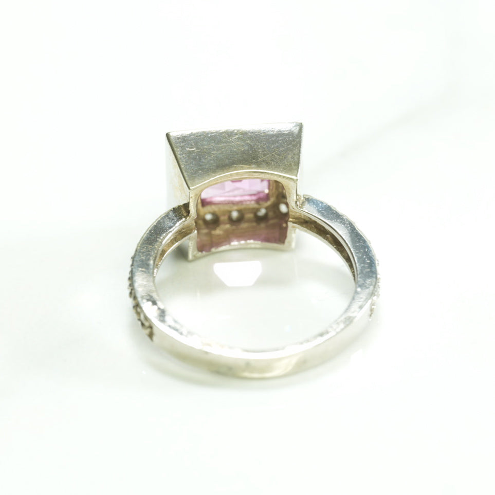 Bague - Or 10K pierre coupe princesse pavé blanc cz rose - RIG195