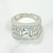 Bague - Or 10K pierre coupe princesse pavé blanc cz bleu - RIG211