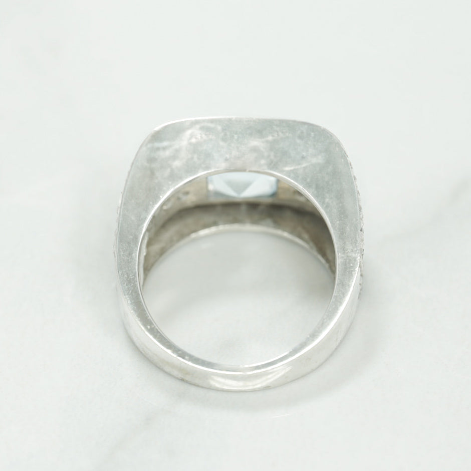 Bague - Or 10K pierre coupe princesse pavé blanc cz bleu - RIG211