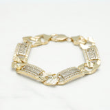 Men's bracelet - 10K two-tone yellow & white gold Greek key links & curb cut diamond pave cz 8.5" - BRG173