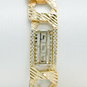 Bracelet - Or 10K deux tons jaune & blanc clé grecque & curb coupe diamant pavé cz 8.5" - BRG173