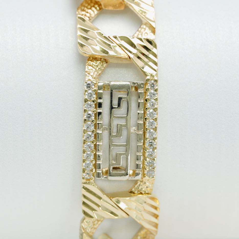 Bracelet - Or 10K deux tons jaune & blanc clé grecque & curb coupe diamant pavé cz 8.5" - BRG173