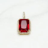 Pendant - 10K Gold Red Emerald Cut Stone with Cz Pave Setting - PEG064