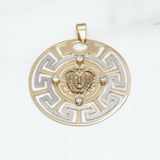 Pendentif - Or 10K deux tons jaune & blanc médaillon tête de méduse avec motif clé grecque & pierres cz - PEG112
