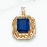 Pendant - 10K GOLD Blue emerald cut stone with Greek key motif cz pave - PEG120
