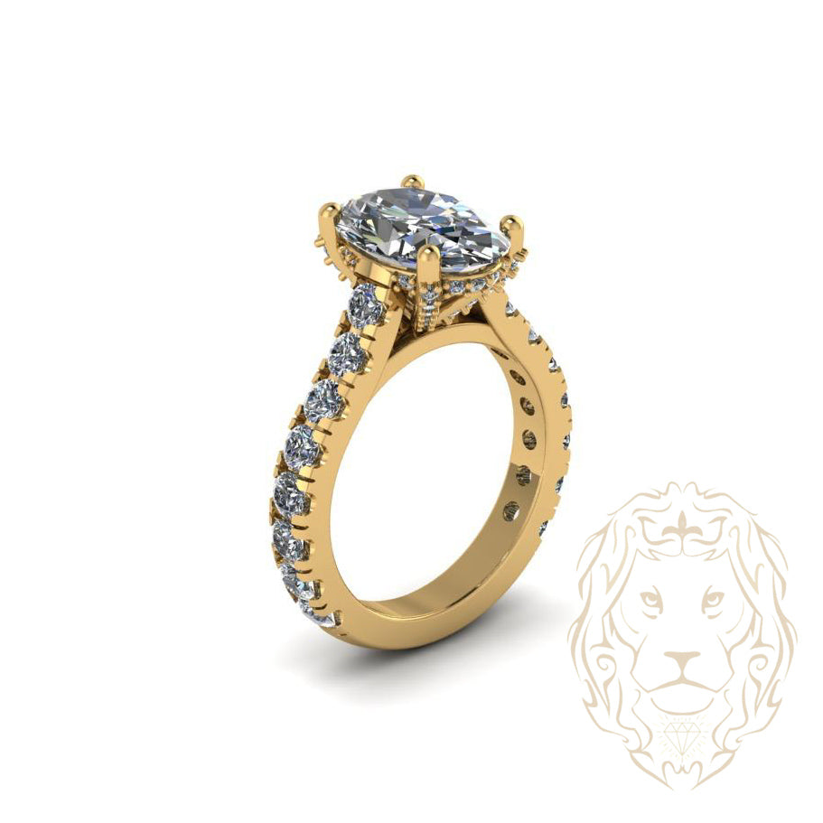 Bague de fiançailles - Or 14K jaune diamant lab 3.01CT VS1 coupe ovale & monture pavé 0.50TCW - RIGL106