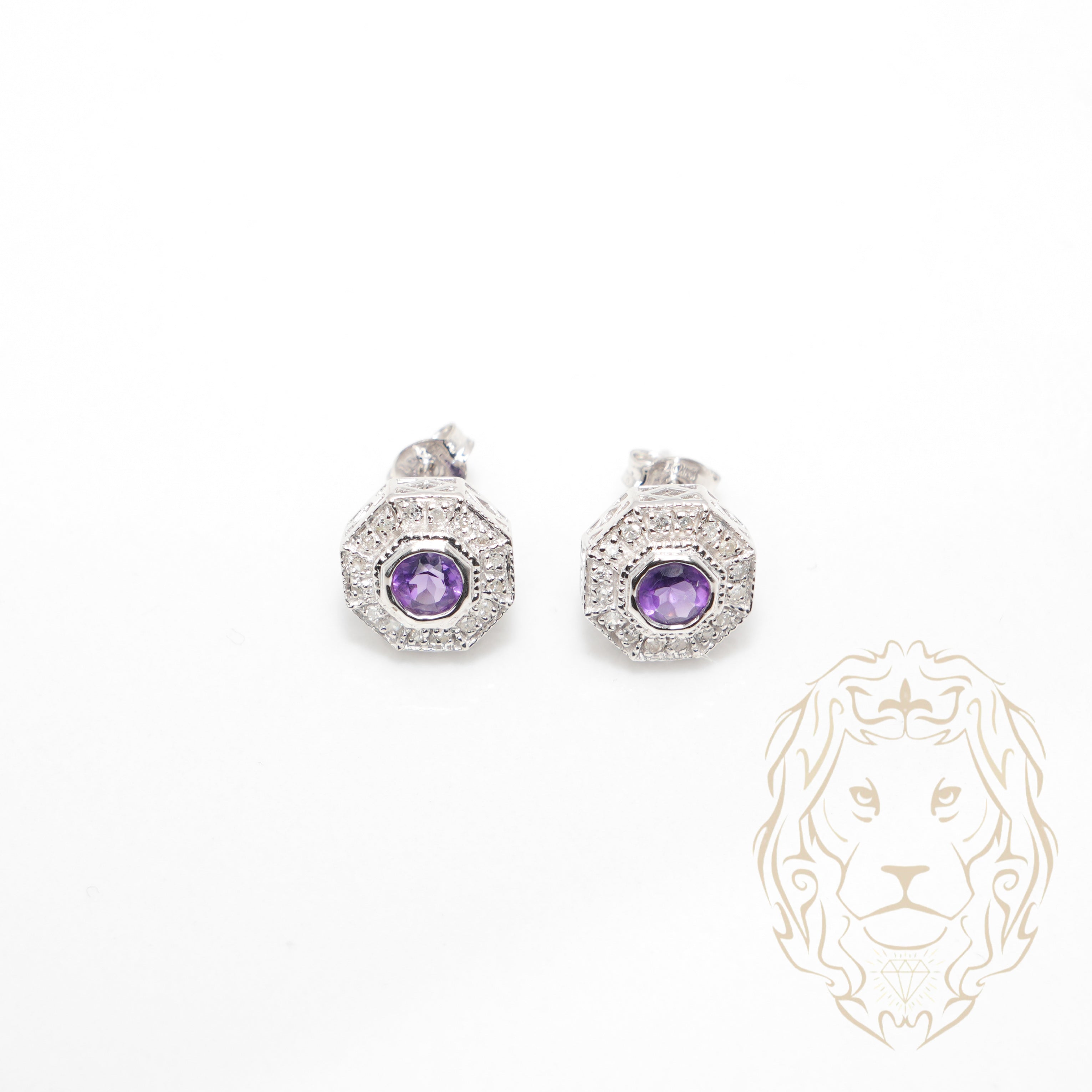Ensemble - Or 10K blanc pendentif & boucles d'oreilles style vintage améthyste & diamants naturels 0.65TCW - ENGD001